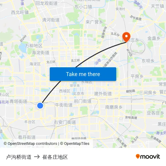卢沟桥街道 to 崔各庄地区 map