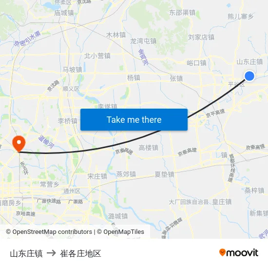 山东庄镇 to 崔各庄地区 map