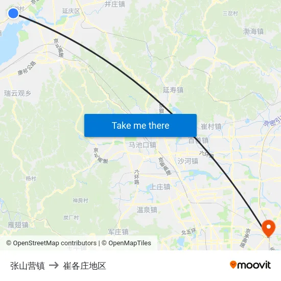 张山营镇 to 崔各庄地区 map