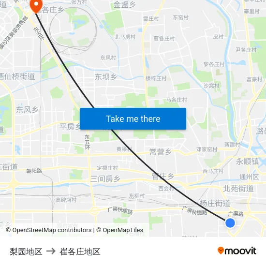 梨园地区 to 崔各庄地区 map