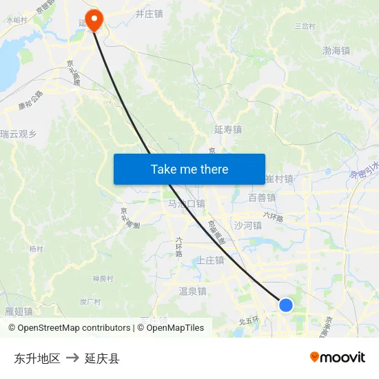 东升地区 to 延庆县 map