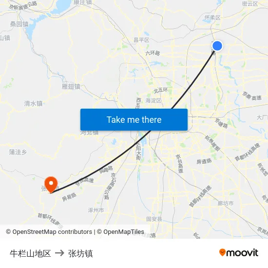 牛栏山地区 to 张坊镇 map