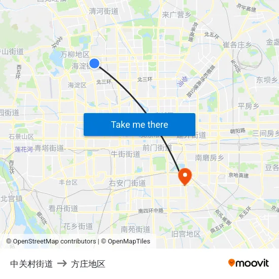 中关村街道 to 方庄地区 map