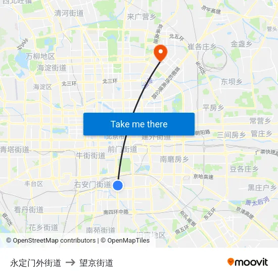永定门外街道 to 望京街道 map