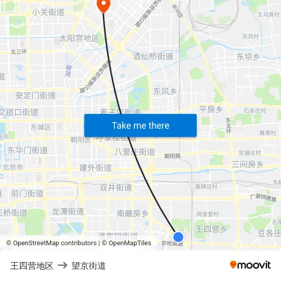 王四营地区 to 望京街道 map