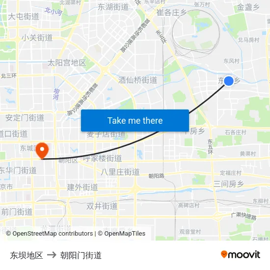 东坝地区 to 朝阳门街道 map