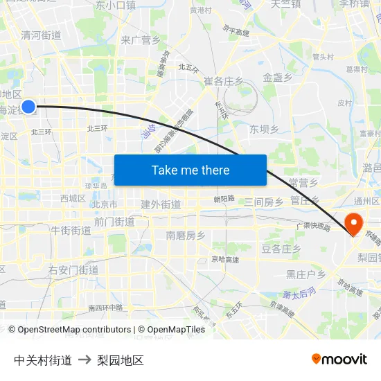 中关村街道 to 梨园地区 map