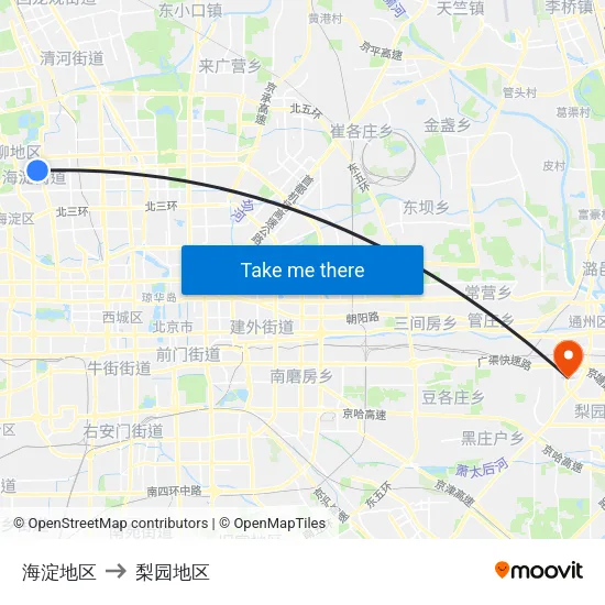 海淀地区 to 梨园地区 map
