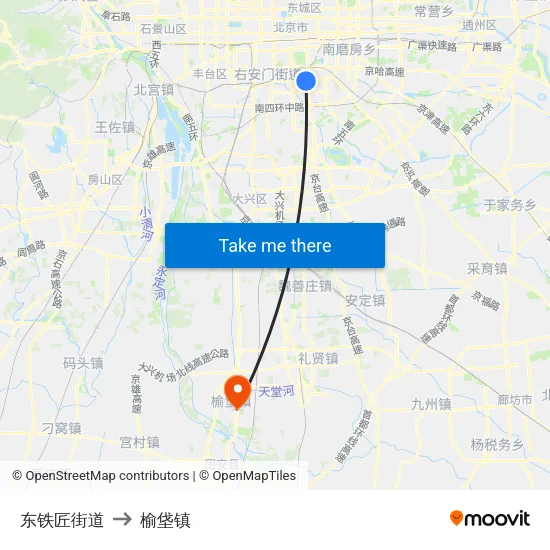 东铁匠街道 to 榆垡镇 map