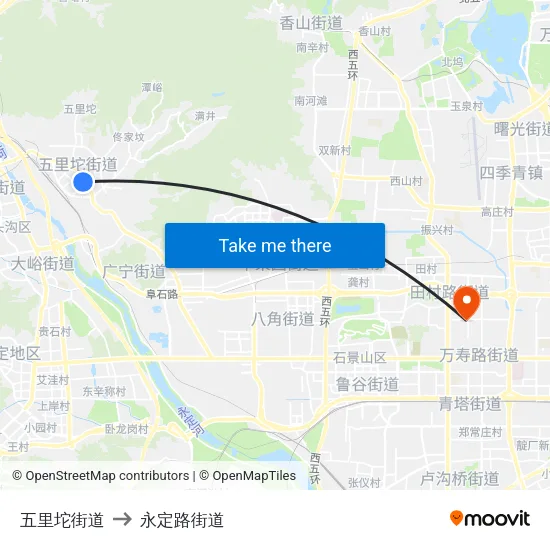 五里坨街道 to 永定路街道 map