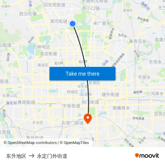 东升地区 to 永定门外街道 map