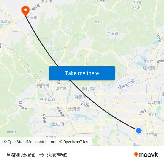 首都机场街道 to 沈家营镇 map