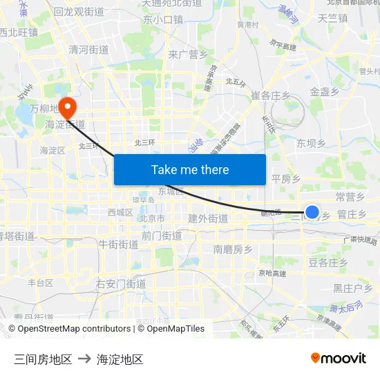 三间房地区 to 海淀地区 map