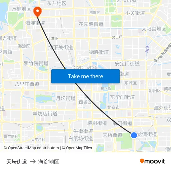 天坛街道 to 海淀地区 map
