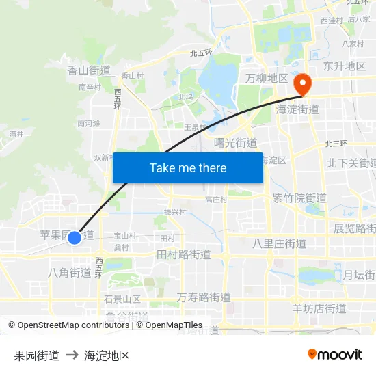 果园街道 to 海淀地区 map