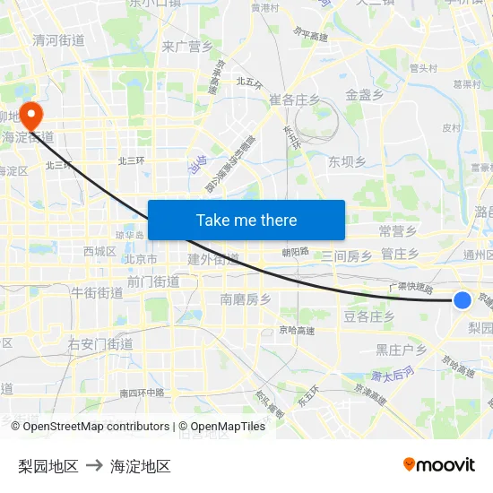 梨园地区 to 海淀地区 map