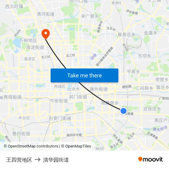王四营地区 to 清华园街道 map