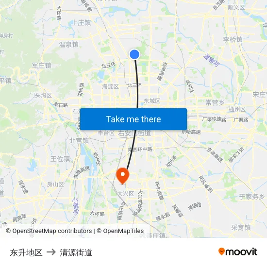 东升地区 to 清源街道 map