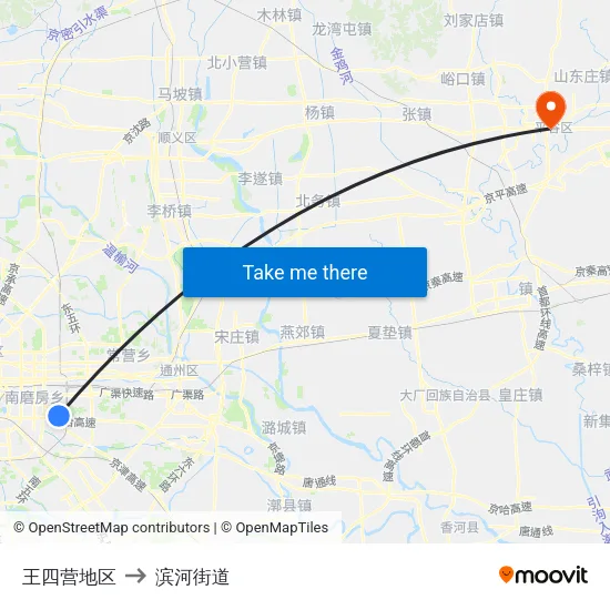 王四营地区 to 滨河街道 map