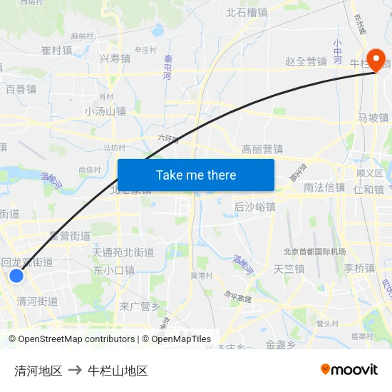清河地区 to 牛栏山地区 map