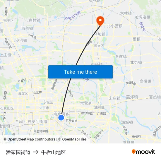 潘家园街道 to 牛栏山地区 map