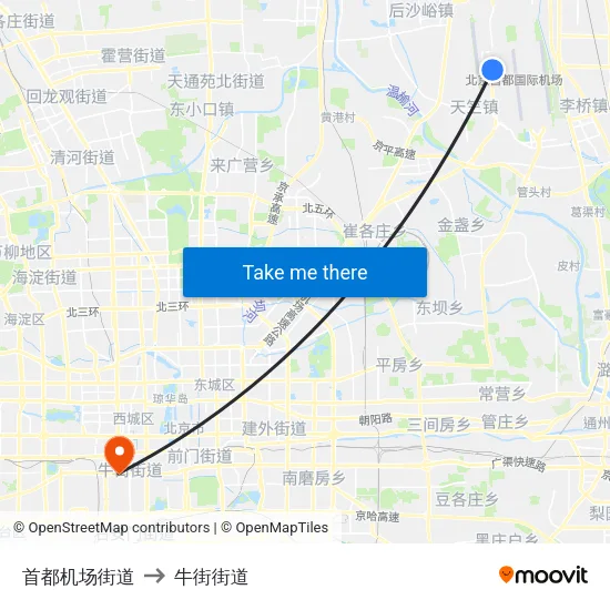 首都机场街道 to 牛街街道 map