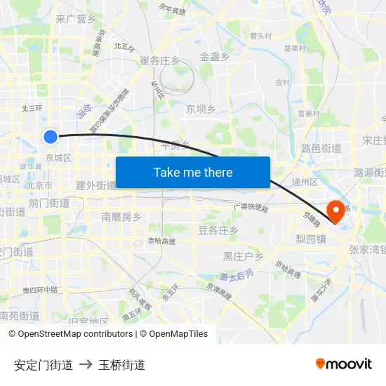 安定门街道 to 玉桥街道 map