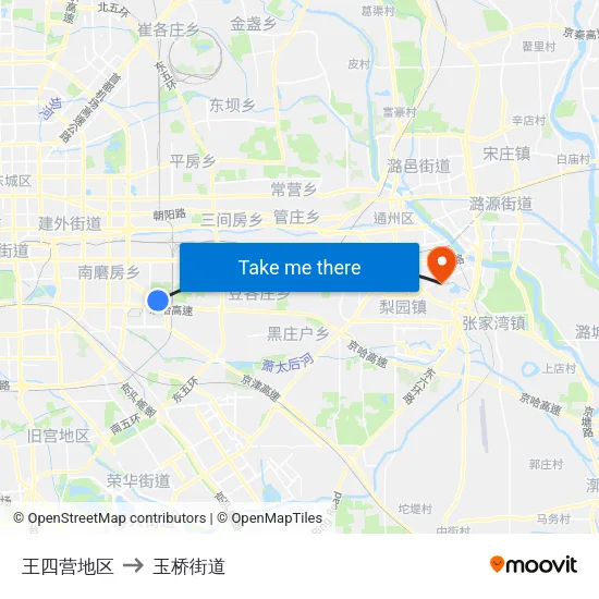 王四营地区 to 玉桥街道 map