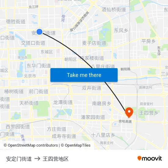安定门街道 to 王四营地区 map