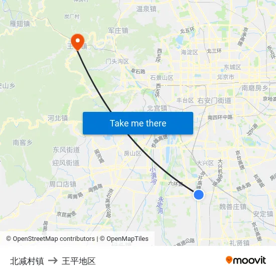 北减村镇 to 王平地区 map