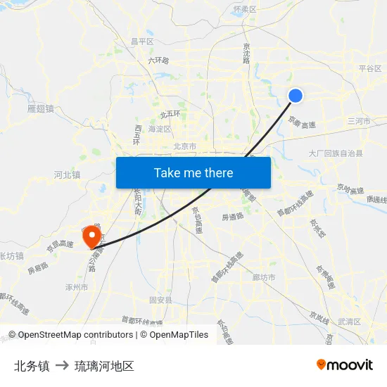 北务镇 to 琉璃河地区 map