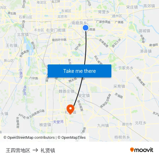 王四营地区 to 礼贤镇 map
