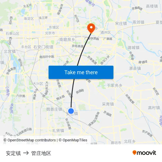 安定镇 to 管庄地区 map