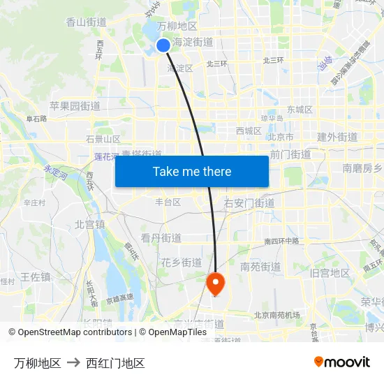 万柳地区 to 西红门地区 map