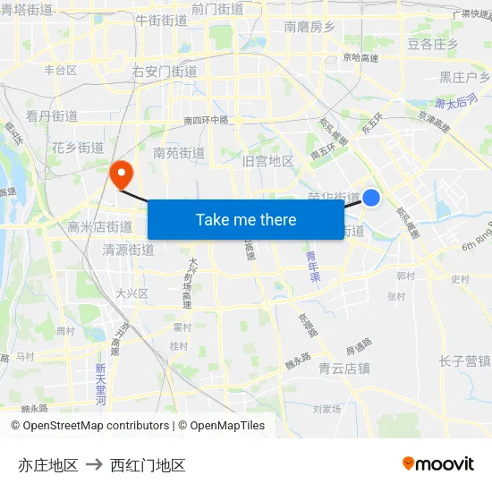亦庄地区 to 西红门地区 map