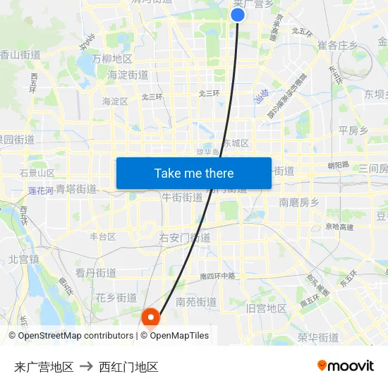 来广营地区 to 西红门地区 map