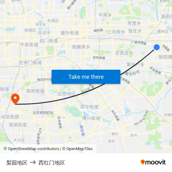 梨园地区 to 西红门地区 map