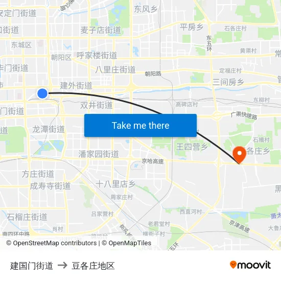 建国门街道 to 豆各庄地区 map