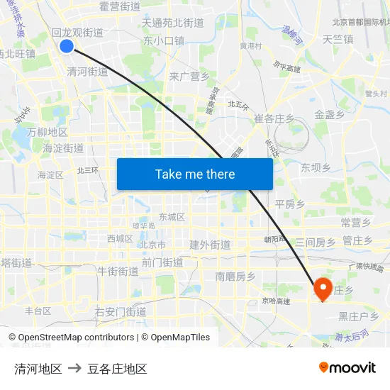清河地区 to 豆各庄地区 map