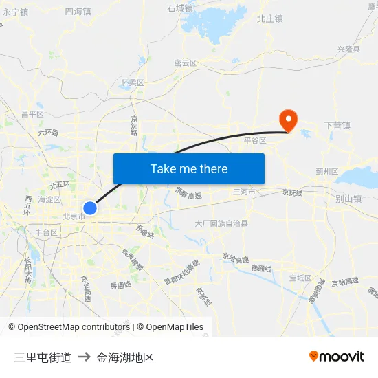 三里屯街道 to 金海湖地区 map