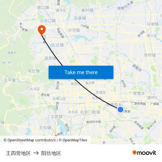 王四营地区 to 阳坊地区 map
