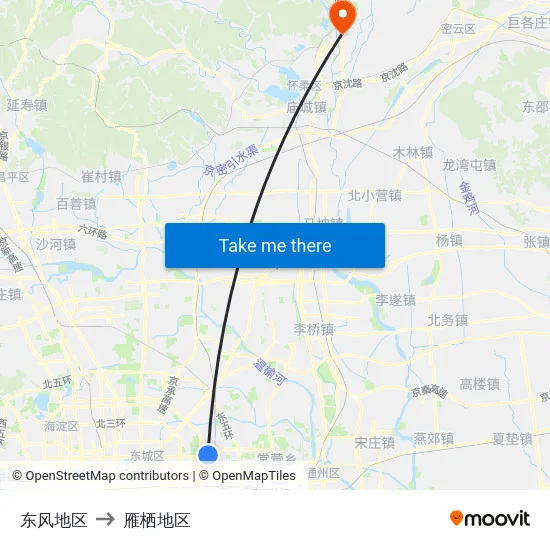 东风地区 to 雁栖地区 map
