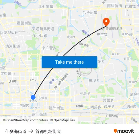 什刹海街道 to 首都机场街道 map