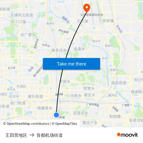 王四营地区 to 首都机场街道 map