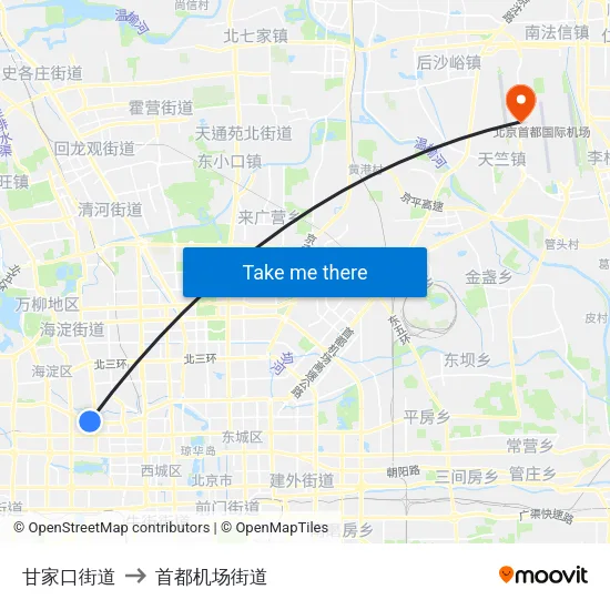 甘家口街道 to 首都机场街道 map