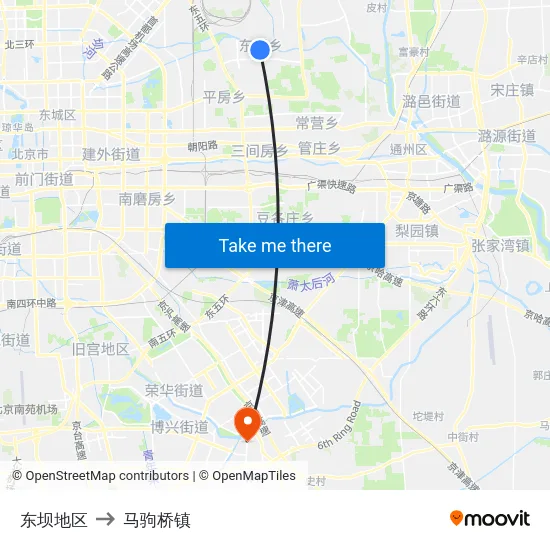 东坝地区 to 马驹桥镇 map