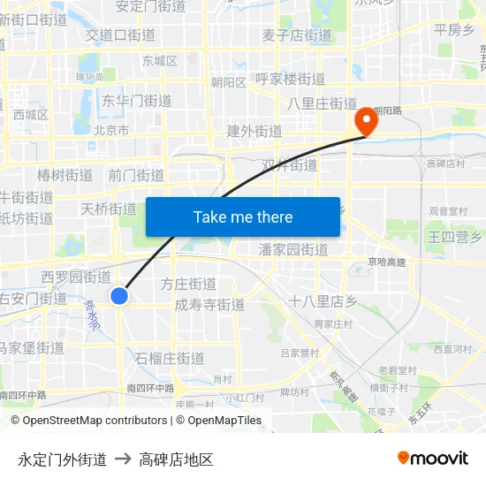 永定门外街道 to 高碑店地区 map