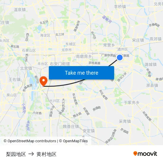 梨园地区 to 黄村地区 map