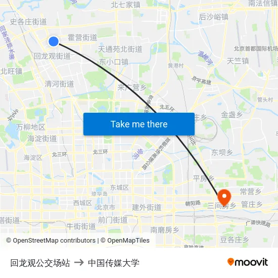 回龙观公交场站 to 中国传媒大学 map