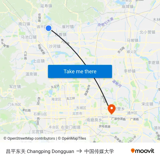 昌平东关 Changping Dongguan to 中国传媒大学 map